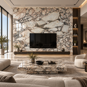 Losas Pulidas de Mármol Rosa Breccia Natural de Lujo para Paredes y Pisos de Salas de Estar y Baños de Villas, Diseño Moderno, Superficie Impermeable - Product Image 1