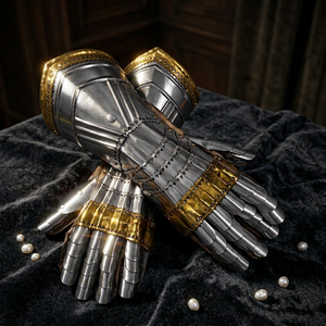 Gants de chevalier antiques en acier inoxydable plaqué or, objet de collection artistique - Product Image 2