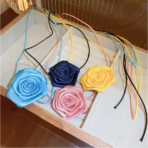 Cadena de Cuerda Hecha a Mano para Mujer, Collar con Colgante de Flor Rosa, Joyería Clásica