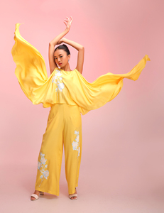 Pantalon palazzo à jambes larges imprimé floral jaune pour femmes, taille haute, décontracté, ethnique, vêtements de détente, pantalon élégant et confortable - Product Image 5