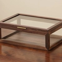 Nouvelle boîte de rangement de bureau rectangulaire en verre et noyer, style chinois, anti-poussière, transparente, fabriquée au Fujian, pour services à thé et objets d'étude