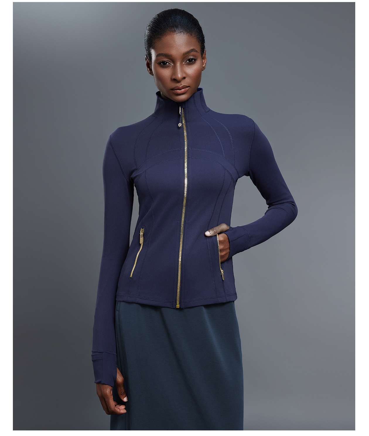 Navy blue with golden zipper