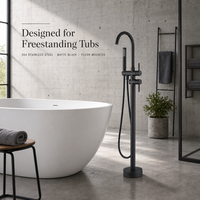 Robinet de baignoire autoportant en acier inoxydable 304 noir mat durable, sans plomb, avec douchette à main, à poser au sol