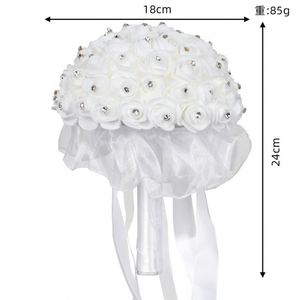 Ramo de Novia Blanco con Rosas Artificiales, Pedrería y Cinta de Satén para la Novia - Product Image 3