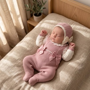 Tutina in cotone lavorato a maglia di lusso Kaiyue per neonate, con colletto in pizzo e piedini, <span class=keywords><strong>set</strong></span> con cappellino abbinato e fiocchi, tutina personalizzabile - Product Image 2