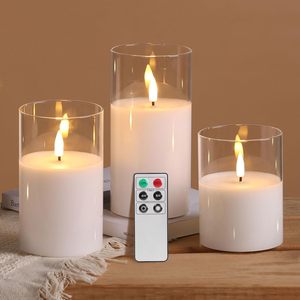 Set of 5 <b>Paraffin</b> Wax Home Decoration Pillar White Glass Warm Light Remote Flickering Led Candles for Weddings Parties New Year - Product Image 1