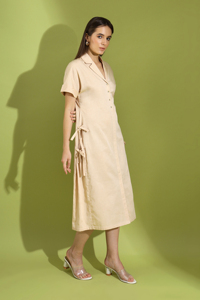 Robe chemise beige pour femme, robe midi décontractée à boutons, manches courtes, nœud sur le côté, tenue de bureau d'été - Product Image 3