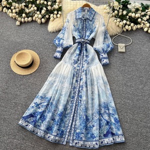 Robe longue élégante et décontractée à imprimé floral vintage, coupe trapèze, taille ajustée, manches longues, prix compétitif, idéale pour le printemps - Product Image 5