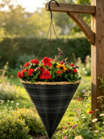 Panier suspendu en osier conique brun foncé, bord en corde beige, crochet métallique, doublure imperméable pour plantes rampantes de jardin