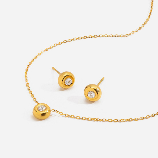 18K Pvd Gold Plated Stainless Steel Round ZIrcon Necklace and Earring Jewelry Set