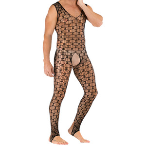 Combinaison en maille pour homme, noire, col en V profond, intégrale, en spandex et polyester, unisexe, printemps 2024 - Product Image 1
