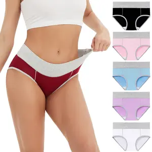 Calzoncillos Colorblock de cintura alta, bragas cortas de algodón negras simples, estilo diario de punto para damas, ropa interior para adultos