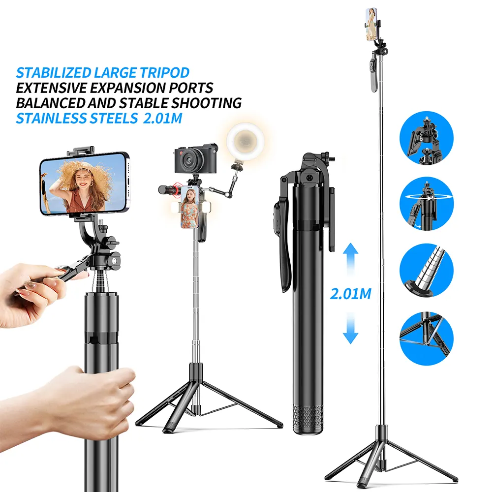 C07 2.01m acier inoxydable super long pôle équilibré et stable tir multi-fonction multi-angle réglage trépied selfie bâton