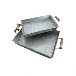Galvanized <b>Tea</b> And Coffee Serving <b>Tray</b> With Wooden Handles Highest Quality Rectangular Shape Serving <b>Tray</b> In Bulk - Product Image 1