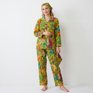 Ensemble de pyjama pour femmes en coton biologique 100% imprimé floral, respirant, à séchage rapide, avec fermeture boutonnée, manches longues, col classique, vêtements de nuit - Product Image 1