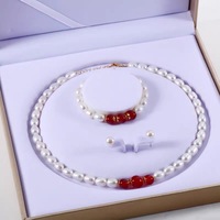 Parure de bijoux de soirée en perles, collier, bracelet, boucles d'oreilles, perles de riz d'eau douce 7-8 mm, argent 925, chic pour femme, vente en gros, personnalisable