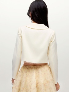 Joydressing Elegant Vintage Cropped <strong>Blazer</strong> Peter Pan Collar Double Breasted Ivory <strong>Suit</strong> Jacket Women OEM ODM - Product Image 3