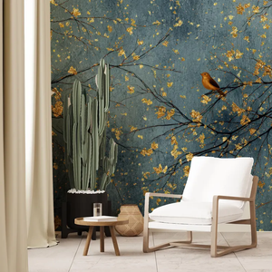 Carta da Parati Premium Blu Scuro e Oro con Rami e Uccelli, Dettagli Metallici Squisiti, Murale per Decorazione Interna di Casa, Hotel, <span class=keywords><strong>Soggiorno</strong></span> - Product Image 5