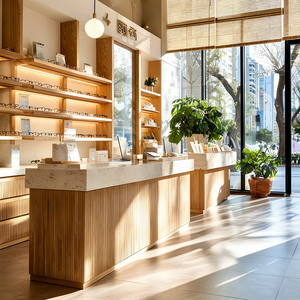 Negozio di vendita al dettaglio ottico contemporaneo con mensole aperte a gradini e vetrine luminose rotonde - Product Image 1