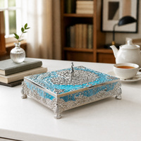 Boîte à bijoux unique en alliage de zinc argenté avec motif émaillé et doublure en velours, style bohème, plateau de service, coffret cadeau