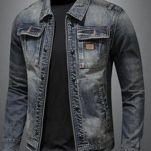 Chaqueta <span class=keywords><strong>de</strong></span> Mezclilla Larga para Hombre, Estilo Coreano, Otoño 2025, Corte Ajustado, Estilo Motociclista, Retro, Casual, Cuello Alto, Logotipo Frontal, Resistente al Viento - Product Image 1