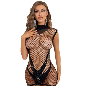 Womens Lingerie Mesh Dress Babydoll High neck Bodysuit See Through Chemise Fishnet Bodystockings with Rhinestones