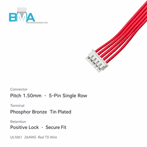 JST ZH互換 1.5mm 5ピン ハーネスからオープンストリップ錫メッキ40mm UL1061 26AWG 赤色フラットリボンケーブル PCB内部接続用 - Product Image 4