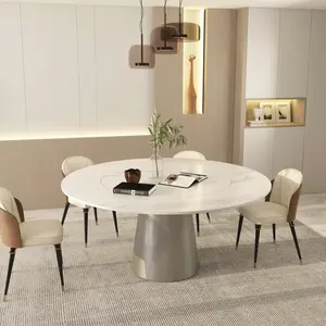 轻型豪华轻石板圆桌带转盘小型家用餐桌和椅子现代简约餐桌