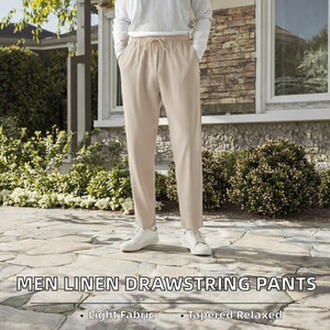 <b>Men</b> Navy Blue Cotton Oxford Casual Pants Elastic Waist Drawstring Straight Fit Lightweight Summer Trousers - Product Image 2