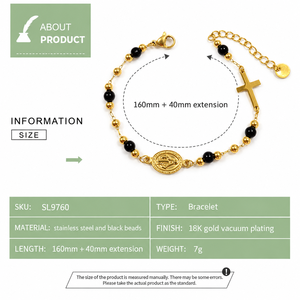 Black Bead Cross <b>Medallion</b> Bracelet , Stainless Steel, 18K <b>Gold</b> Vacuum Plated, 160mm + 40mm - Product Image 3