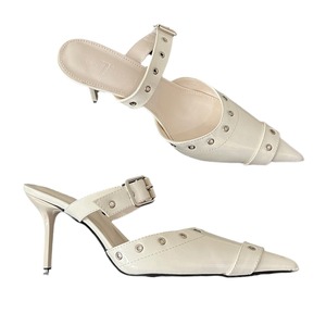 Xinzirain, recién llegados personalizados, <span class=keywords><strong>sandalias</strong></span> puntiagudas de tacón alto con remaches blancos con correas de cinturón <span class=keywords><strong>ancho</strong></span>, zapatillas de tacón alto estilo mulas - Product Image 1