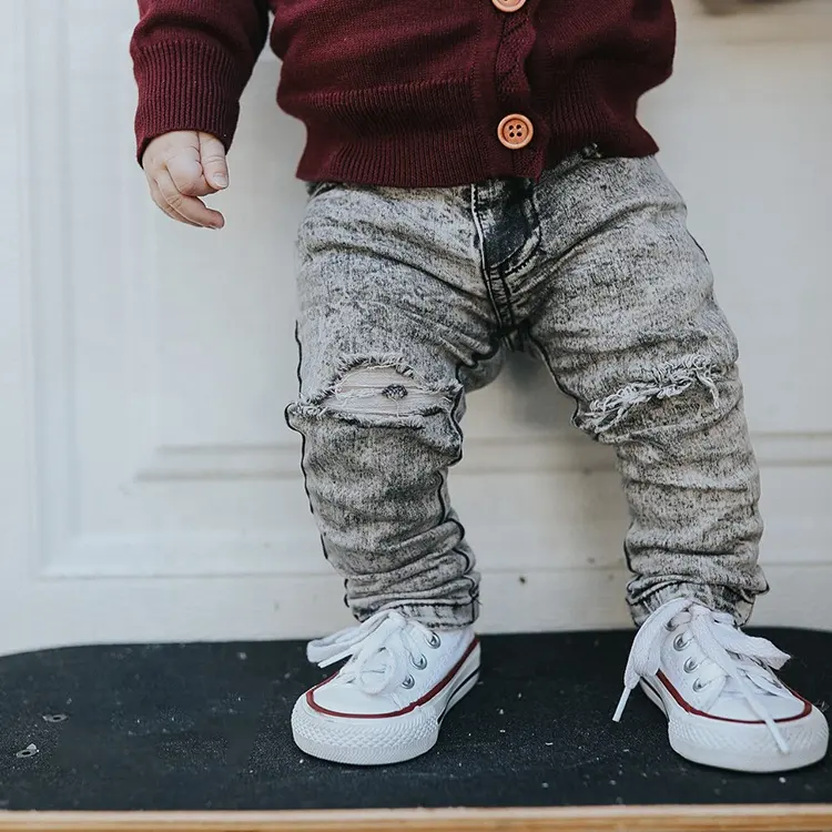 Custom Acid Wash Grey Denim Jean Pants For Kids Slim Fit Casual Ripped Children Boys Jeans