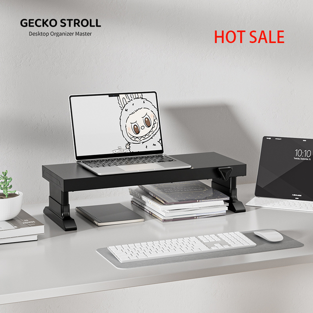 Black Metal Computer Monitor Stand Sturdy Solid Build with Manual Height Adjustment for Home Office Desktop Organization