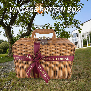 Panier <span class=keywords><strong>en</strong></span> plastique tressé marron vintage, petit, rectangulaire, avec couvercle tissé à la main, poignée écologique, cadeau de mariage naturel, boîte de rangement - Product Image 2