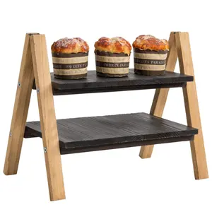 उच्च गुणवत्ता तह के साथ 2-स्तरीय लाइट ब्राउन मिठाई प्रदर्शन रैक स्टैंड डार्क Torched भोज के लिए लकड़ी की ट्रे रसोई केक की दुकान