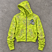 Sweat à capuche zippé pour homme avec strass, style streetwear oversize, orné de cristaux, motif camouflage, logo personnalisé