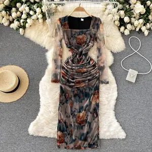 Ym9660 Mới Hàn Quốc Retro Chic Hoa In Slim Eo Dài Tay Áo Chia Ăn Mặc Phụ Nữ Sexy Dresses Quần Áo Boutique 5