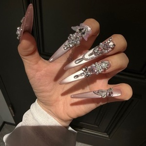 Ensemble de 10 faux ongles faits à la main, style français personnalisé, de haute qualité, réutilisables, en matériau ABS, pour application sur les doigts - Product Image 2
