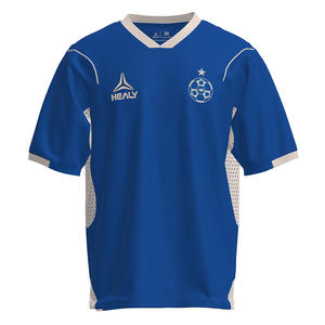 T-shirt Homme Col V Manches Courtes en Maille Respirante Style Américain Vintage avec Impression Numérique HEALY, Blocs de Couleurs Bleus et Badge Étoile - Product Image 1