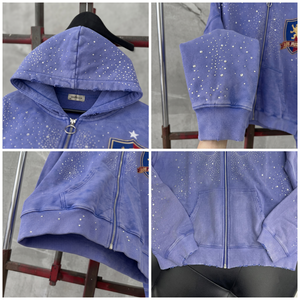 How Supplie Custom Unisex Streetwear Zipper Hoodie 6723 Wholesale Vintage Wash Cotton Rhinestone <b>Zip</b> <b>Up</b> Hoodie OEM ODM Supplier - Product Image 4