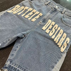 Custom Embroidered Patches Logo Manufacturer Raw Hem Cut Edge Distressed Streetwear Hip Hop Cargo Jean <strong>Shorts</strong> for Men - Product Image 2