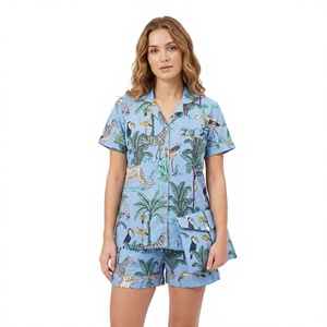 Women's Blue Animal Print Short Sleeve Pajama Set Turn-Down Collar Elastic Waist 100% Cotton Quick-Dry Breathable Sleepwear - Product Image 1