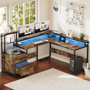 Supporto per <span class=keywords><strong>stampante</strong></span> Monitor marrone rustico a forma di L scrivania reversibile tavolo per Computer con cassetti angolo scrivania - Product Image 2