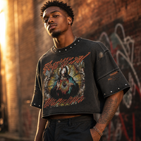 T-shirt court délavé pour homme avec motif en vitrail Sacré-Cœur Jésus, texte gothique, col à rivets, effet usé et troué, coupe oversize