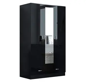 Modern High Gloss 3 Doors <strong>Wardrobes</strong> <strong>with</strong> 1 Mirror <strong>and</strong> 2 <strong>Drawer</strong> Closet <strong>with</strong> Hanging Rail <strong>Shelves</strong> Home Bedroom Furniture Black - Product Image 1