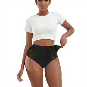 Culotte noire taille haute sans couture en tricot écologique avec détails en dentelle, couleur unie, style basique pour femmes adultes – Prix bas et abordable - Product Image 1