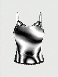 Women's Black White Striped <strong>Cami</strong> <strong>Top</strong> - <strong>Lace</strong> <strong>Trim</strong> V-Neck Thin Spaghetti Straps Ruched Front Fitted Camisole for Casual Daily Wear - Product Image 2