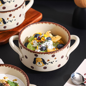 Tazón de cerámica creativo pintado a mano con lunares, tazón de sopa/postre con doble asa, de alta calidad y resistente al calor, para frutas - Product Image 4