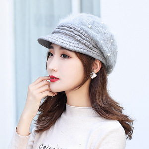 Winter Rabbit Fur Beret Women Pearl Decorated Fleece Lined <b>Warm</b> <b>Hat</b> For Winter - Product Image 4