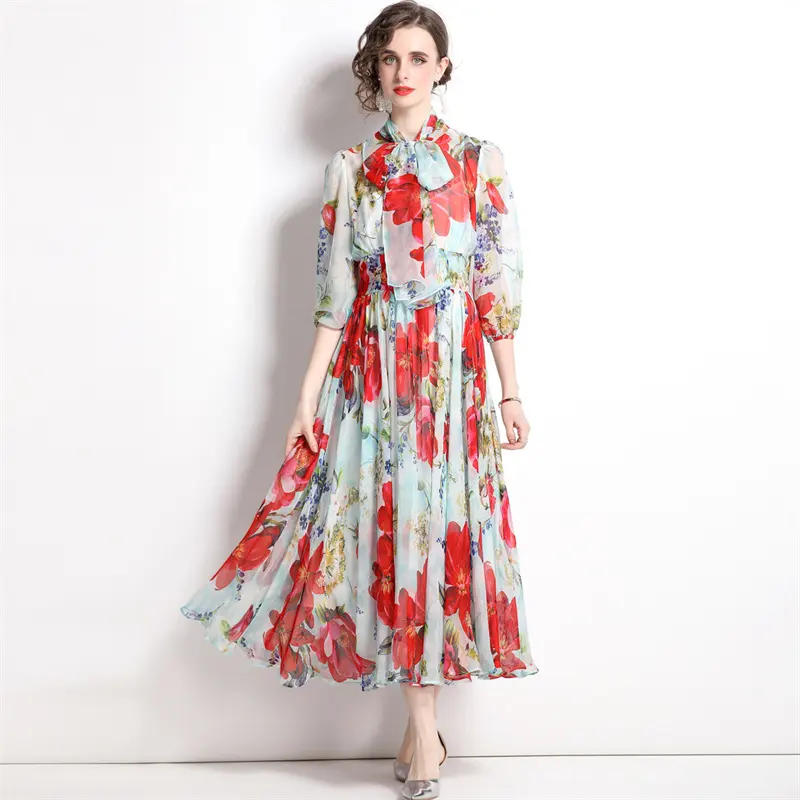 Bow Collar Floral Print Traf Casual Holiday Party Dress Abstract Loose Fit Ladies Long Sleeve Cute Vintage Dresses for Women